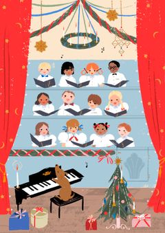 En färggrann illustration med en kör som sjunger på en scen och en mus som sitter vid ett piano och ackompanjerar.