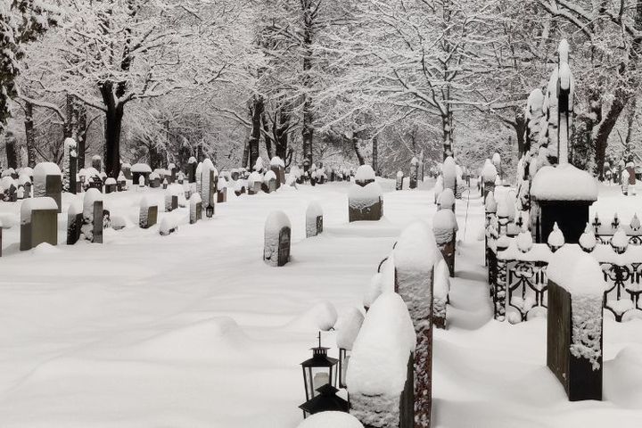 En snöig gravgård med snötäckta gravvårdar och snö på trädgrenarna.
