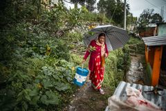 Old woman walks outside carrying a bucket in rain.