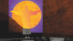 En Kristusfigur i orangegult mot en lila bakgrund.