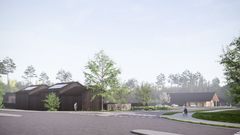 En arkitektritning med svartgrå byggnader och grönska omkring.