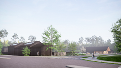 En arkitektritning med svartgrå byggnader och grönska omkring.