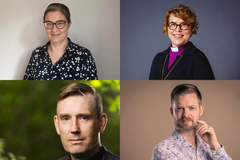 Auroran kappelin teologisen opintopiirin esiintyjät: pastori Hanna Vanonen (vas.ylh.), piispa Kaisamari Hintikka (oik.ylh.), kirkkoherra Antti Malinen (vas.alh.) ja dosentti Juha Meriläinen (oik.alh.).