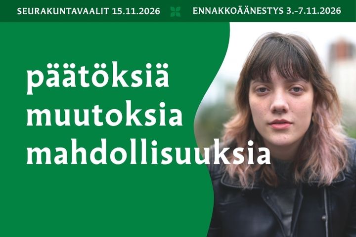 Kuvassa nuori henkilö katsoo kohti, tekstinä päätöksiä muutoksia mahdollisuuksia.