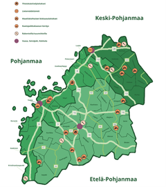 Olemassa olevat sekä suunnitteilla ja rakenteilla olevat biokaasulaitokset pohjalaismaakunnissa. Kuvakkeet suuntaa antavia.