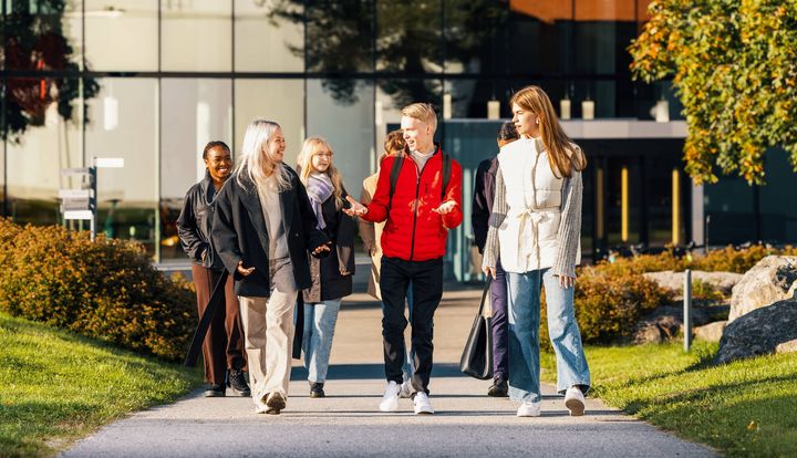 Ryhmä opiskelijoita kävelee yhdessä ulkona kampuksella aurinkoisena päivänä.