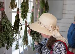 Nainen Lotta Petronellan, Sami Tallbergin & Lau Naun teoksen Saarten Materia Media äärellä