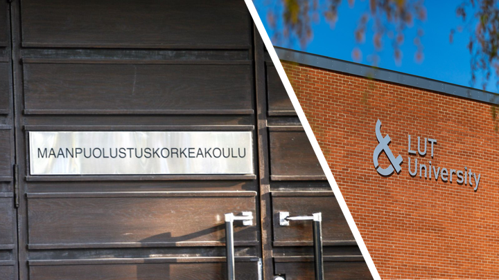 Kuvassa Maanpuolustuskorkeakoulun ja LUT-yliopiston kyltit.