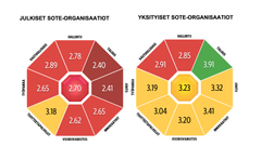 Kaavio esittää julkisten ja yksityisten sote-organisaatioiden maineen mittaustulokset Luottamus&Maine 2025 -tutkimuksessa. Julkisten maineluku on 2,70, yksitysten 3,23.