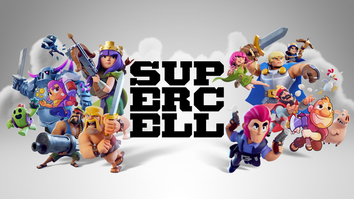 Kuvassa on Supercellin logo, jota ympäröivät yrityksen pelihahmot.
