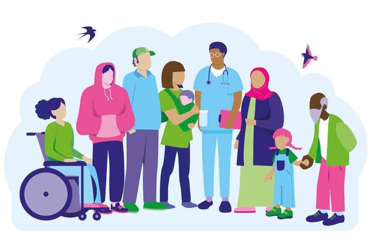 Joukko piirroshahmoisia ihmisiä seisoo rinnakkain lähellä toisiaan.