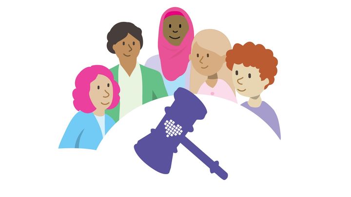 Fem tecknade personer har samlats tätt intill varandra runt ordförandeklubban.