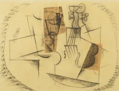 Pablo Picasso, Lasi ja viulu, 1912-13. Kollaasi, hiili ja sanomalehtipaperi paperille, 48 x 63,5 cm. Sara Hildénin Säätiö. Kuva: Jussi Koivunen