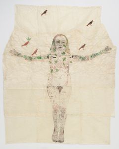 Kiki Smith, Red Birds on Green Tree, 2006, Tussi ja lehtihopea nepalinpaperille 225 x 184 cm.Sara Hildénin Säätiö. Kuva: Jussi Koivunen