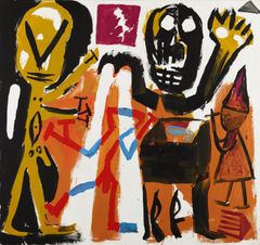 A.R.Penck, Demagogischer Dämon auf der Suche nach 3 gestohlenen Batterien, 1983. Akryyli kankaalle, 282 x 300 cm. Sara Hildénin Säätiö. Kuva: Jussi Koivunen