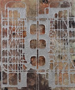 Taru Happonen, Synthetic Terrain, 2025. Akryyli, alumiinijauhe, marmorijauhe ja pigmentti kankaalle, 180 x 150 x 5 cm.