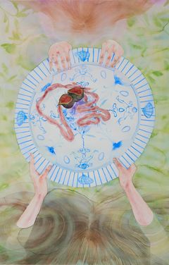 Sirkku Rosi, Tarjoiluehdotus, 2026. Akvarelli paperille, mehiläisvaha, steariini, pigmentti, 111,5 x 75 cm.