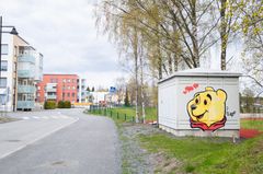 Graffiti-aiheinen sähkökaappi Loilantiellä, jossa on hahmo, joka muistuttaa nallea. Taustalla kerrostaloja ja puita.