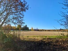 Syksyinen peltoaukea puiden reunustamana, taustalla metsää ja rakennus.