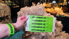 Henkilö pitää kädessään vihreää "Museoiden yö" -ranneketta kivinäyttelyssä.