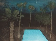 Tumma grafiikanlehti, jossa palmut reunustavat turkoosia uima-allasta iltahämärässä.