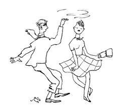 Mustavalkoinen piirros, jossa nainen ja mies tanssivat vauhdikkaasti.