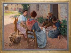 Perheenjäsenet istuvat varjossa kivestä tehdyn talon edessä ulkona.