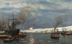 Talvinen yömaisema satamasta.