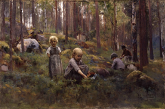 Nuoret lapset ovat resuisissa vaatteissa metsässä poimimassa marjoja.