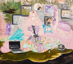 Vaaleanpunaisensävyinen maalaus, jossa kaksi nuorta pelailee tyynyjen keskellä.