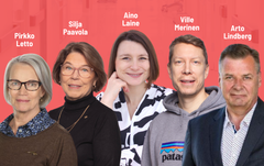 Kuva viidestä henkilöstä, jotka seisovat vierekkäin. Taustalla on punainen seinä.