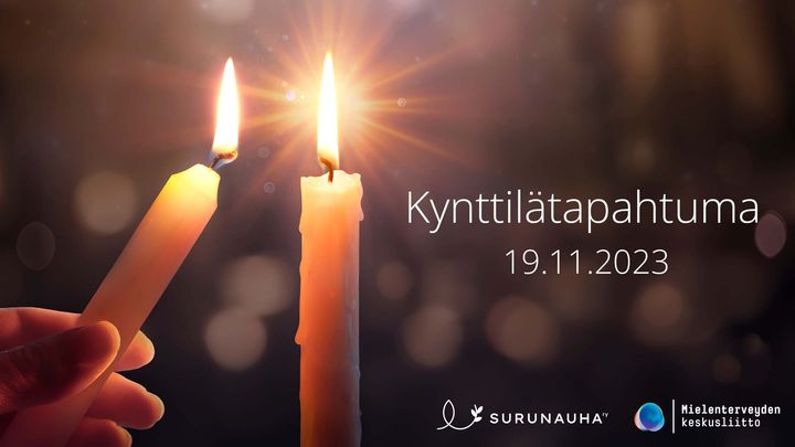 Kaksi kynttilää. Teksti: Kynttilätapahtuma 19.11.2023.