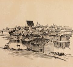 Louis Sparre kuvasi Porvoota monissa teoksissaan. Teos: Louis Sparre. Kuvitusta Det Gamla Borgå -julkaisuun. Tussi. 1898.