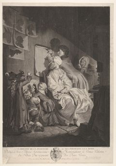Jean Ouvrier: L'Origine de la peinture ou les portraits a la mode (1765). Gravyyri Eleazar Zeissigin mukaan.