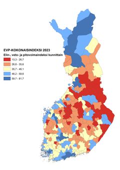 Elinvoima indeksi kunnittain 2023. Lähde: FCG/MDI Alueellisen kehittyneisyyden elinvoima-, vetovoima- ja pitovoimaindeksi: Kartta: Timo Aro 2023.