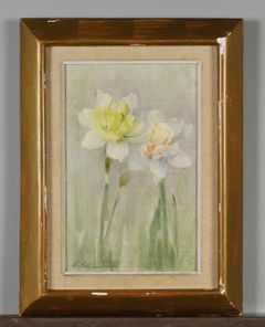 Helene Schjerfebck maalasi kukka- ja hedelmäasetelmia läpi uransa. Narsissit-teoksen Schjerfbeck maalasi 1890-luvulla. Kuva: Huutokauppa Helander / Erkki Laine.