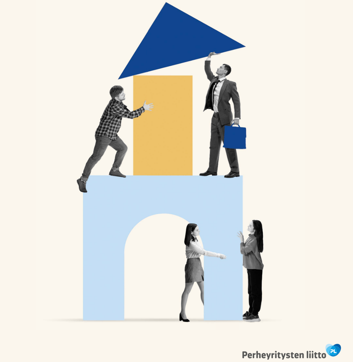 Piirroskuvassa kolme henkilöä rakentaa tornia värikkäistä palikoista, ja yksi mies pitelee salkkua. Alakulmassa lukee "Perheyritysten liitto".