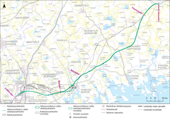 Itäradan jatkosuunnitteluun etenevä linjaus ja muut YVA-menettelyssä mukana olevat linjausvaihtoehdot.