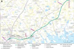 Karttakuva Itäradan ratalinjasta Keravan ja Kouvolan Korian välillä.