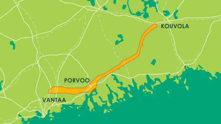 Grafiikka, jossa näkyy Keran ja Kouvolan välinen alue. Alueen väliin on piirretty viiva, josta näkee ilmakuvausten arvioidun lentoalueen.