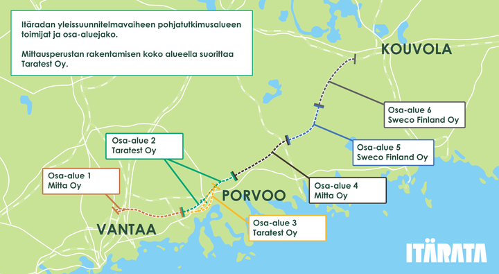 karttakuva, jossa on merkittynä Vantaa, Porvoo ja Kouvola, laatikoita, joissa tekstiä
