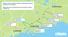 karttakuva, jossa on merkittynä Vantaa, Porvoo ja Kouvola, laatikoita, joissa tekstiä