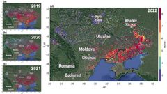 Karttakuvat vuosilta 2019, 2020, 2021 ja 2022. 2022 palohavaintoja oli pääasiassa rintamalinjojen varrella. Aikaisemmin palohavaintoja oli laajasti koko Ukrainassa.