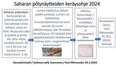 Ohje: Kerää pölyä tai lunta astiaan, jossa on folio. Kirjaa ylös aika ja paikka ja pinta-ala. Haihduta lumi folion päällä alla 70 asteen lämpötilassa. Lähetä kuiva näyte tietojen kera osoitteeseen Ilmatieteen laitos, Outi Meinander, PL 503, 00101 Helsinki.
