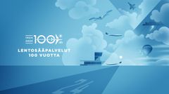 Sinisellä kuvapohjalla lentokoneita ja teksti "Lentosääpalvelut 100 vuotta, 1924-2024".