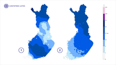 Kaksi Suomea esittävää karttaa, jotka vertailevat lumensyvyyttä 17.12.2024 ja ilmastollisen vertailukauden 1991-2020 keskiarvoa.