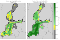 Itämeren syvempien kerrosten lämpötila pysyy talvellakin selvästi nollan yläpuolella. Kartassa on esitetty meren pohjakerroksen veden alin lämpötila nykytilanteessa (vasen) ja vuoden 2100 ennustetta, jos ilmasto lämpenee voimakkaasti (oikea). Kuva: Ilmatieteen laitos.