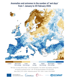 Sadepäivien (vähintään 1 millimetri sadetta) määrän poikkeamat 1.1.–20.2.2026. Ääriluokat perustuvat vuosien 1979–2026 vertailuun. Muut luokat kuvaavat, miten sadepäivien määrä poikkeaa vertailukauden 1991–2020 jakaumasta. Lähde: ERA5. Kuva: Copernicus Climate Change Service / ECMWF.
