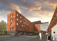 Uuden, oranssinruskean kerrostalon havainnekuva. Taustalla pilvinen taivas.