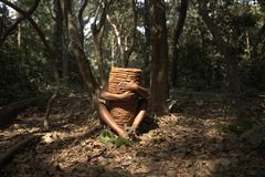 Taiteilija Ranti Bam syleilemässä saviveistostaan metsässä.